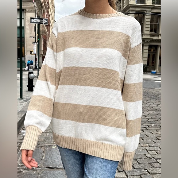 JOHN GALT BRANDY MELVILLE TAN WHITE BRIANNA STRIPE PULLOVER SWEATER ONE SIZE - Picture 1 of 5